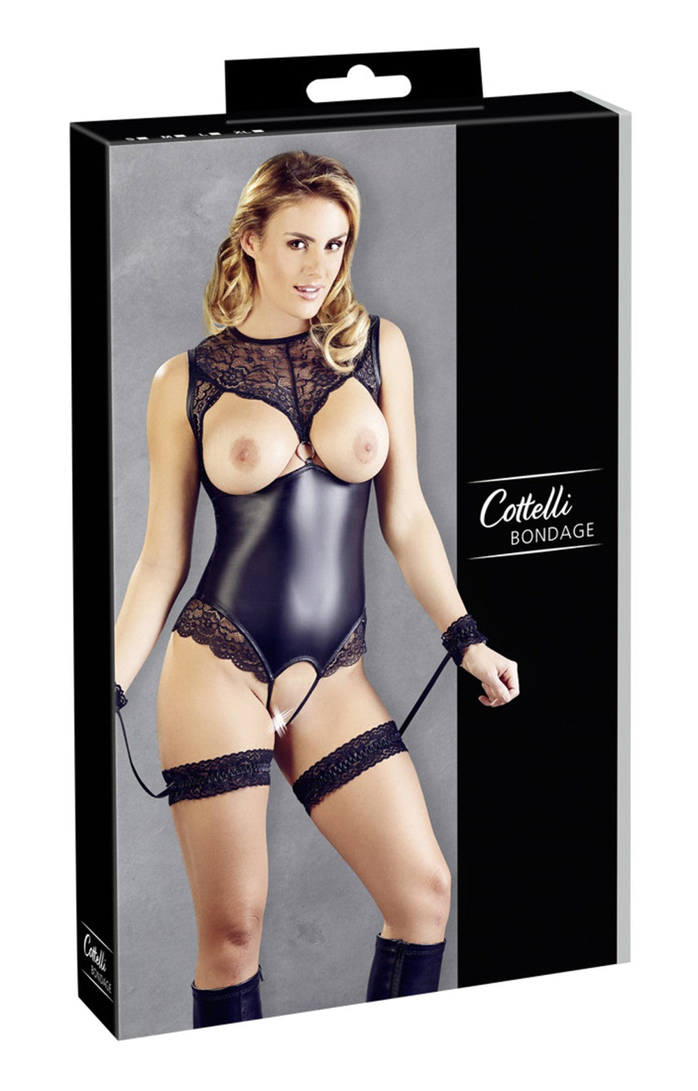 Body en dentelle et simili cuir ouvert avec menottes