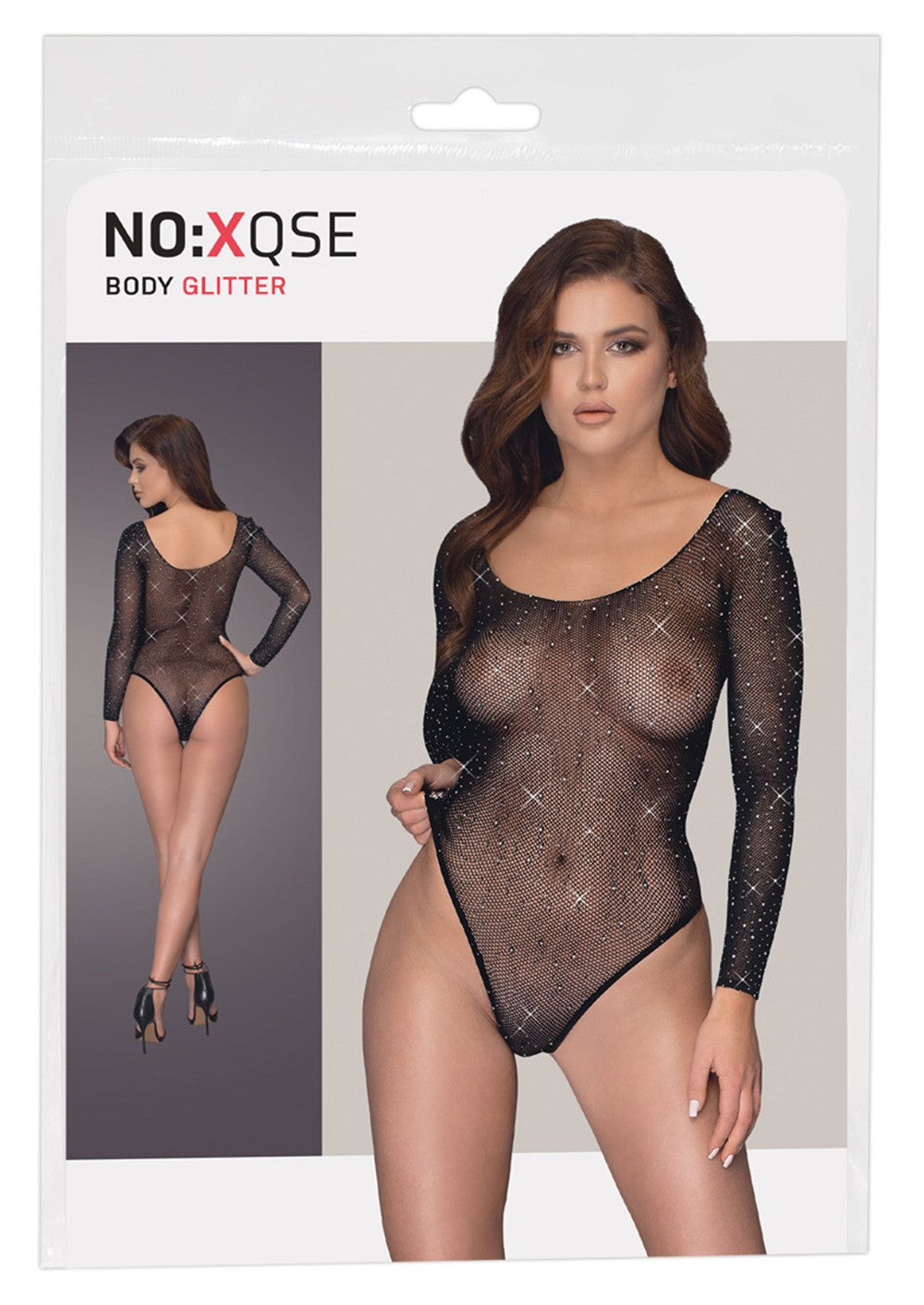 Body string à manches longues en résille avec strass