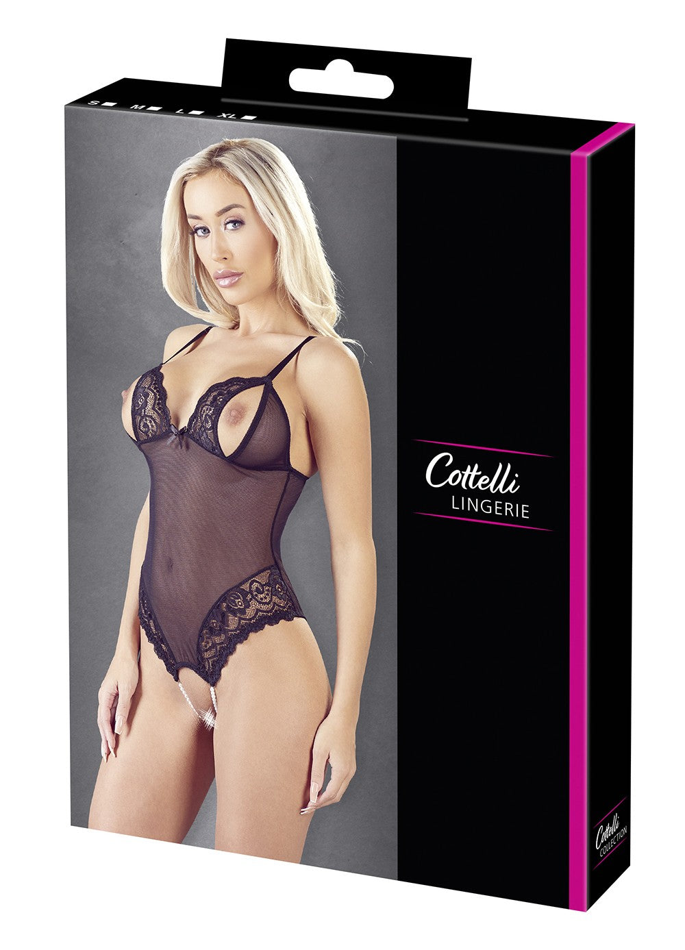 Body string en dentelle et résille noire avec perles à l'entrejambe