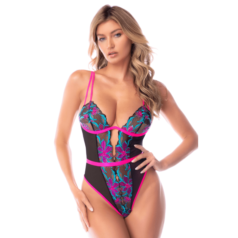 Body azul y rosa de malla transparente bordada con lentejuelas – Mapalé