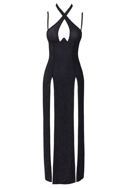 Vestido largo con escote pronunciado negro plateado - Cottelli PARTY