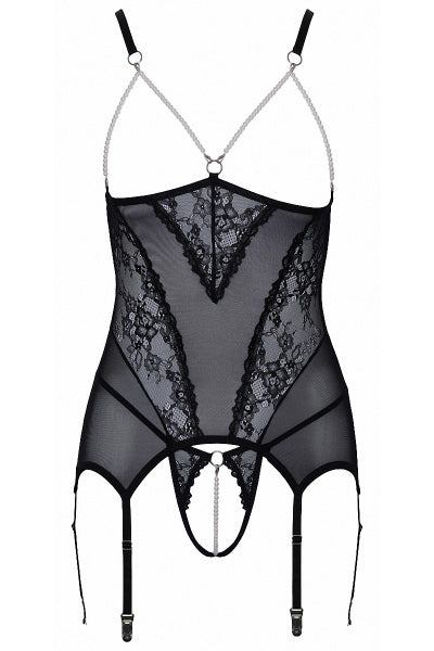 Guêpière sin pechos y tanga abierto de red y perlas - Cottelli Lingerie