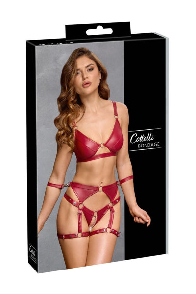Conjunto de sujetador y bragas con ligueros abiertos rojos - Cottelli BONDAGE
