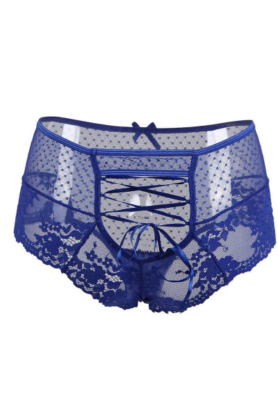 Tanga lacé dentelle taille haute Bleu - Litolu Lingerie - Eveil Secret