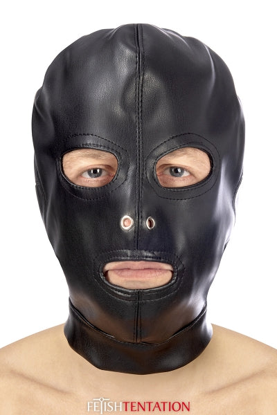 Capucha BDSM 3 aberturas de piel sintética - Fetish Tentation