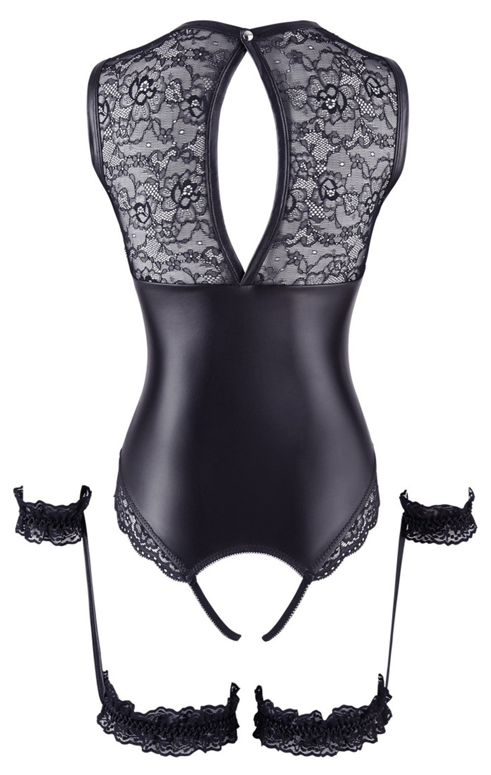 Body en dentelle et simili cuir ouvert avec menottes 