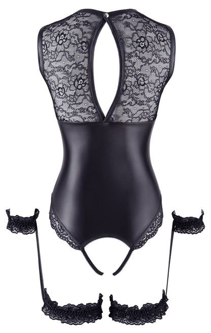 Body en dentelle et simili cuir ouvert avec menottes 