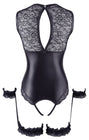 Body en dentelle et simili cuir ouvert avec menottes 