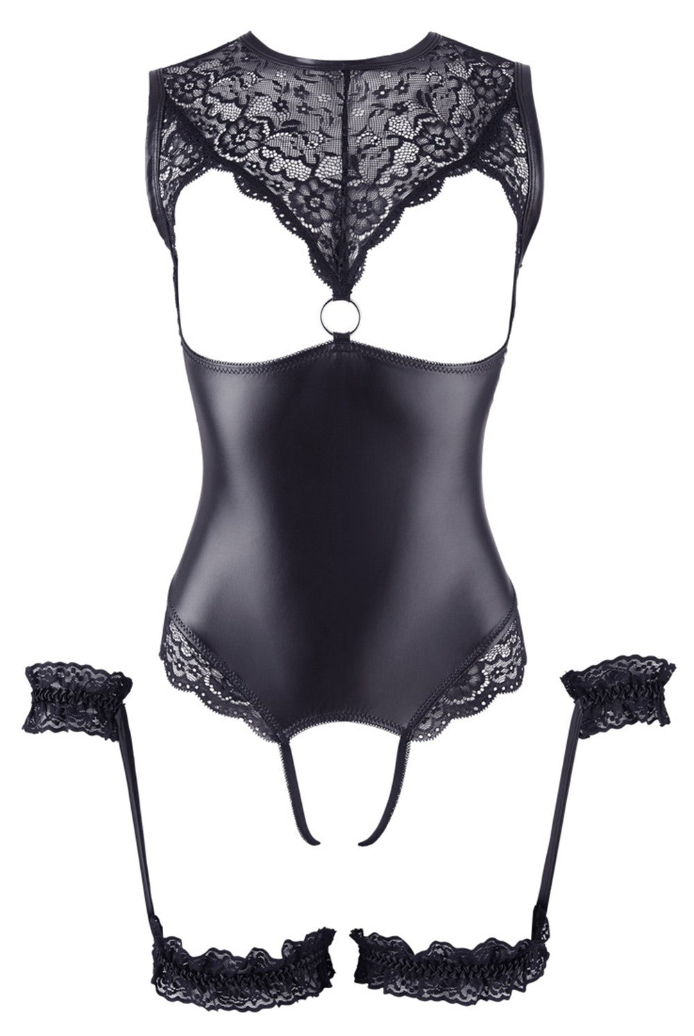 Body en dentelle et simili cuir ouvert avec menottes 