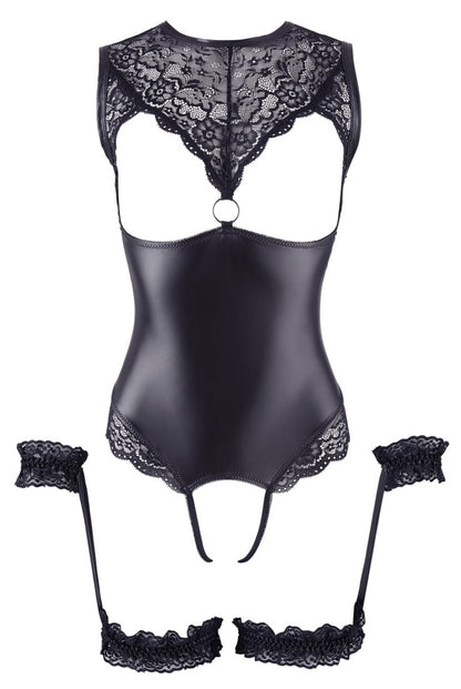 Body en dentelle et simili cuir ouvert avec menottes 