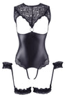 Body en dentelle et simili cuir ouvert avec menottes 