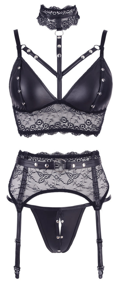 Ensemble soutien-gorge, porte jarretelles et culotte noir sexy