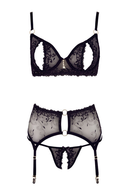 Soutien-gorge dentelle, porte-jarretelles et string ouvert noir