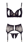 Soutien-gorge dentelle, porte-jarretelles et string ouvert noir