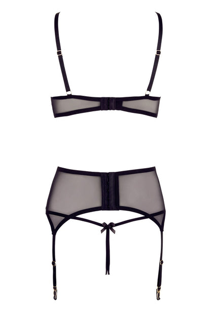 Soutien-gorge dentelle, porte-jarretelles et string ouvert noir