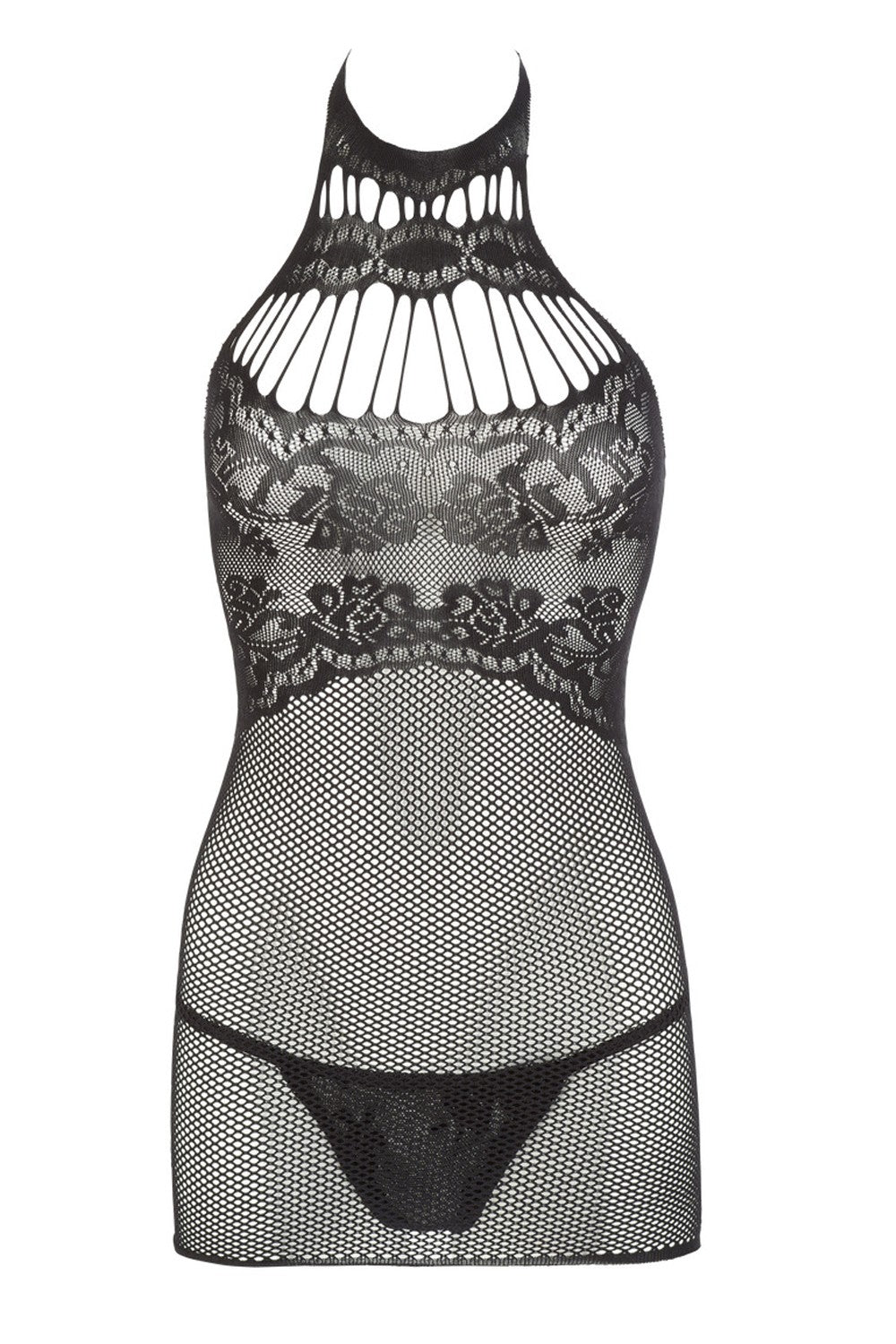 Petite robe en résille noire, sans couture, avec dentelle sur la poitrine. String assorti