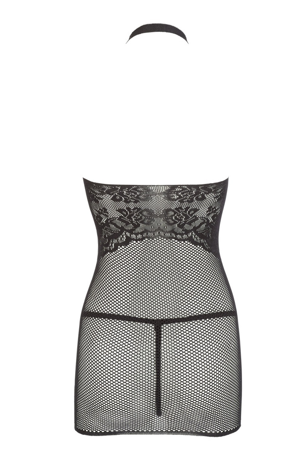 Petite robe en résille noire, sans couture, avec dentelle sur la poitrine. String assorti
