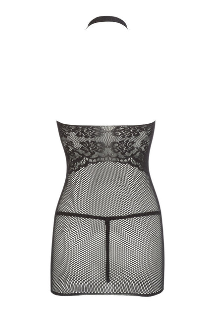 Petite robe en résille noire, sans couture, avec dentelle sur la poitrine. String assorti