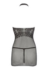 Petite robe en résille noire, sans couture, avec dentelle sur la poitrine. String assorti