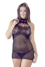 Petite robe en résille noire, sans couture, avec dentelle sur la poitrine. String assorti