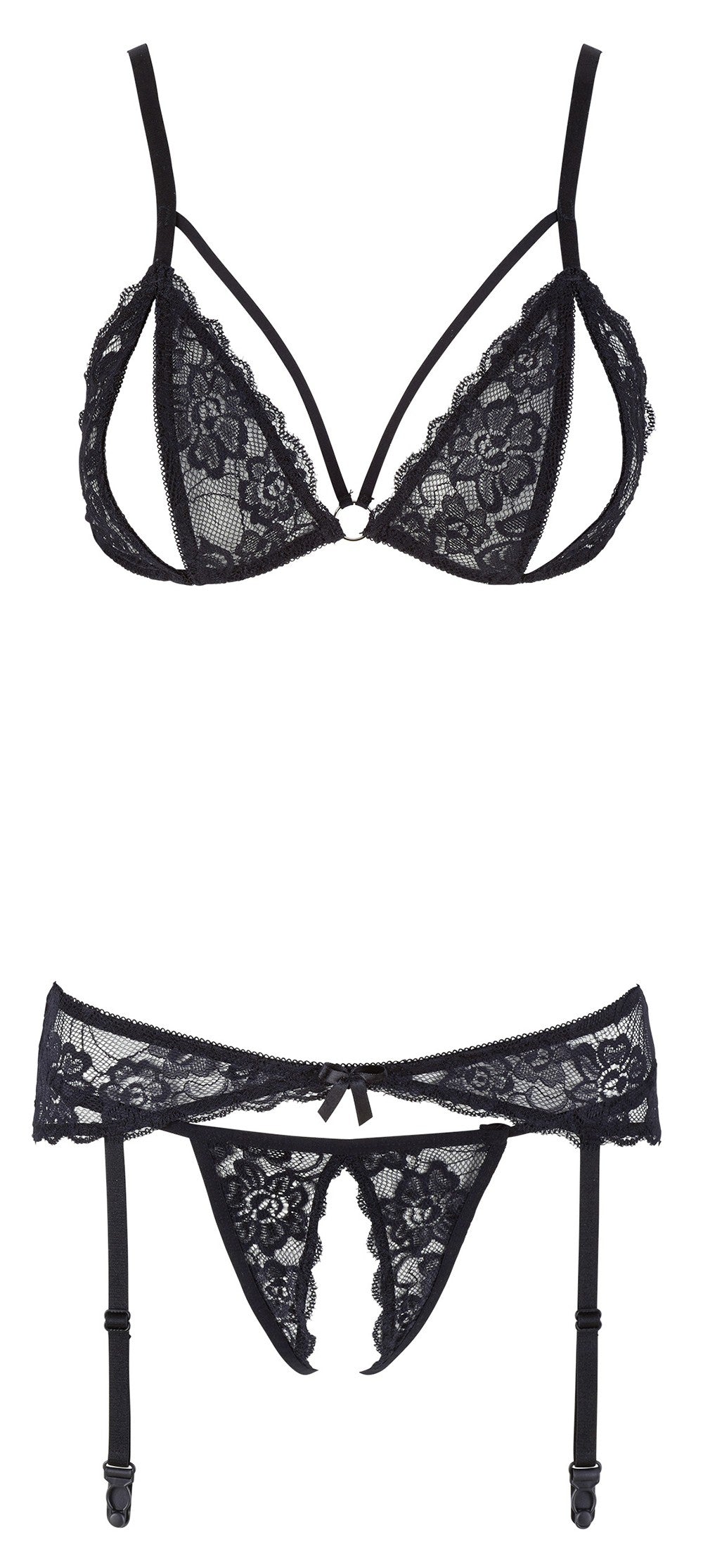 Ensemble trois pièces avec soutien-gorge fendu, porte-jarretelles et string noir