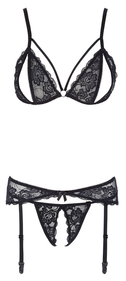Ensemble trois pièces avec soutien-gorge fendu, porte-jarretelles et string noir