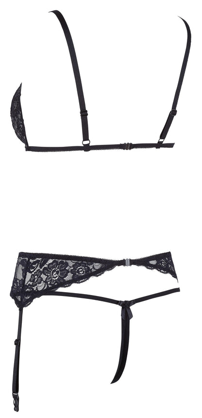 Ensemble trois pièces avec soutien-gorge fendu, porte-jarretelles et string noir