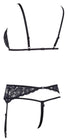 Ensemble trois pièces avec soutien-gorge fendu, porte-jarretelles et string noir
