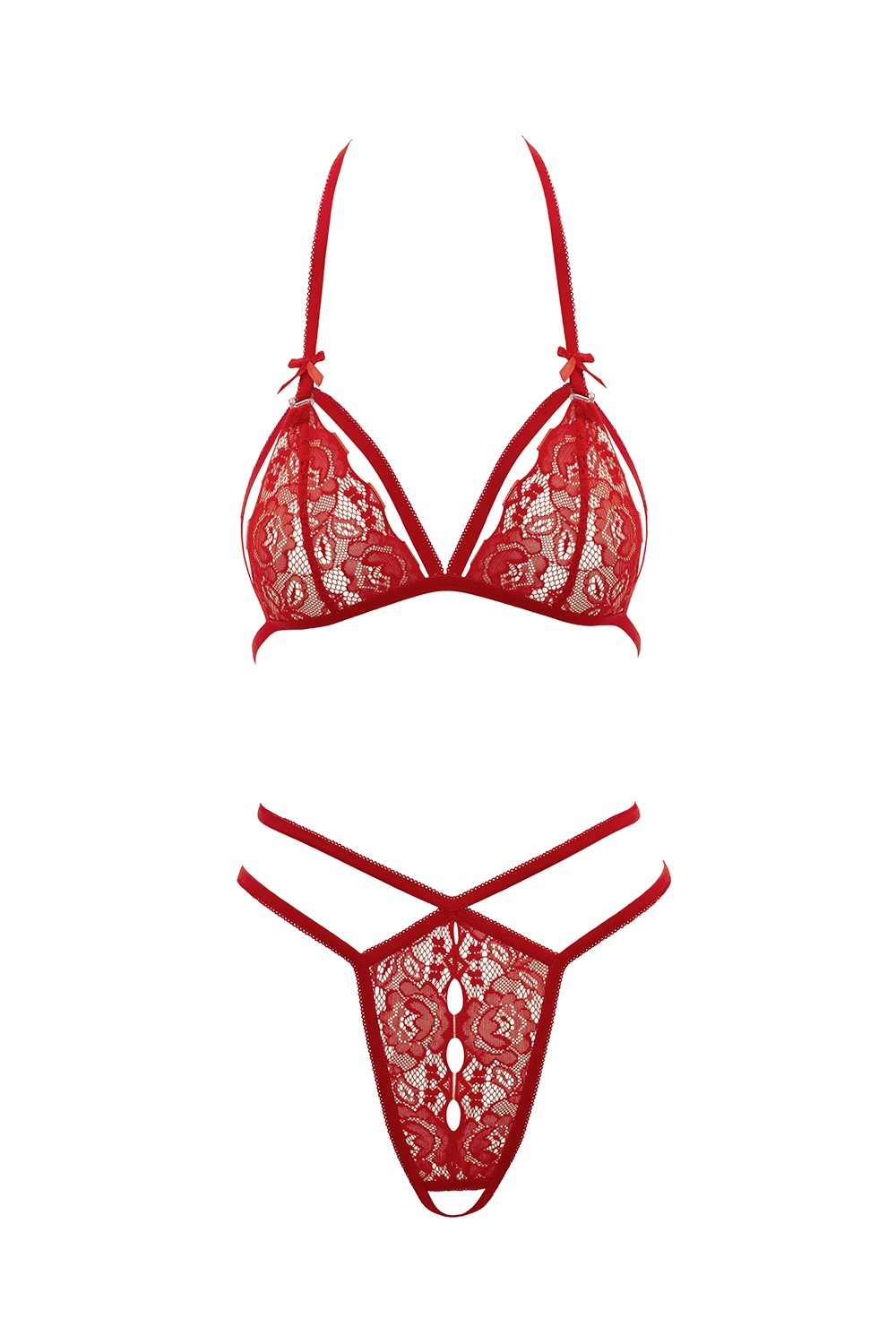 Soutien-gorge en dentelle rouge avec bonnets détachables et string
