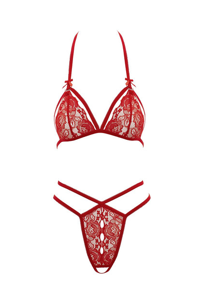 Soutien-gorge en dentelle rouge avec bonnets détachables et string