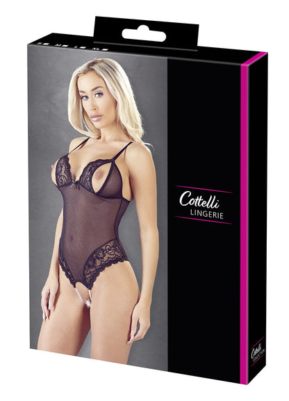 Body string en dentelle et résille noire avec perles à l'entrejambe 