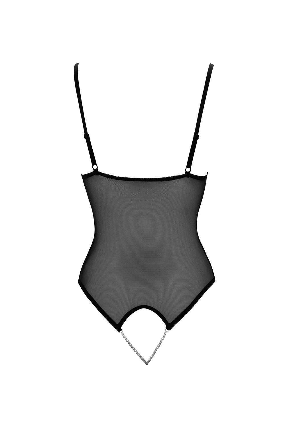 Body string en dentelle et résille noire avec perles à l'entrejambe 