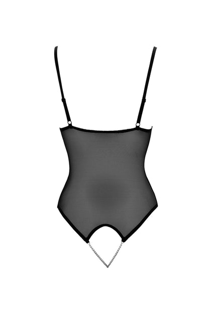 Body string en dentelle et résille noire avec perles à l'entrejambe 