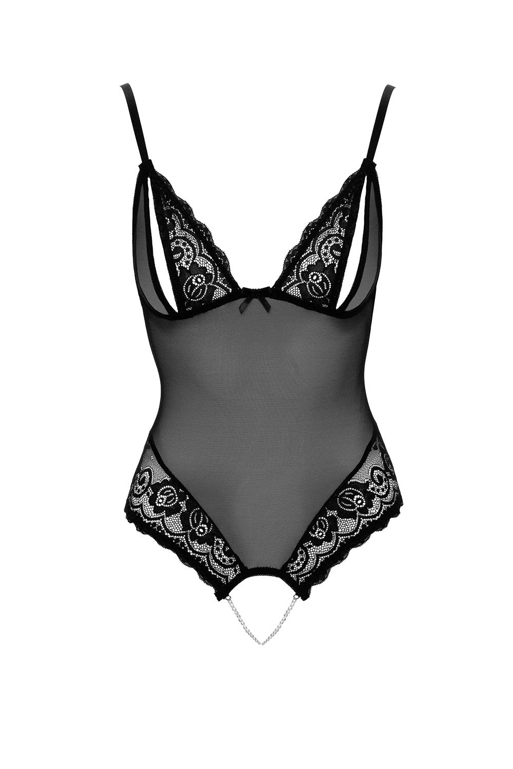 Body string en dentelle et résille noire avec perles à l'entrejambe 