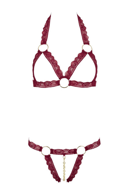 Soutien-gorge ouvert et string rouge à larges bandes sexy