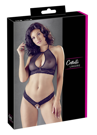 Soutien-gorge bandeau, en dentelle et résille noire et string ouvert
