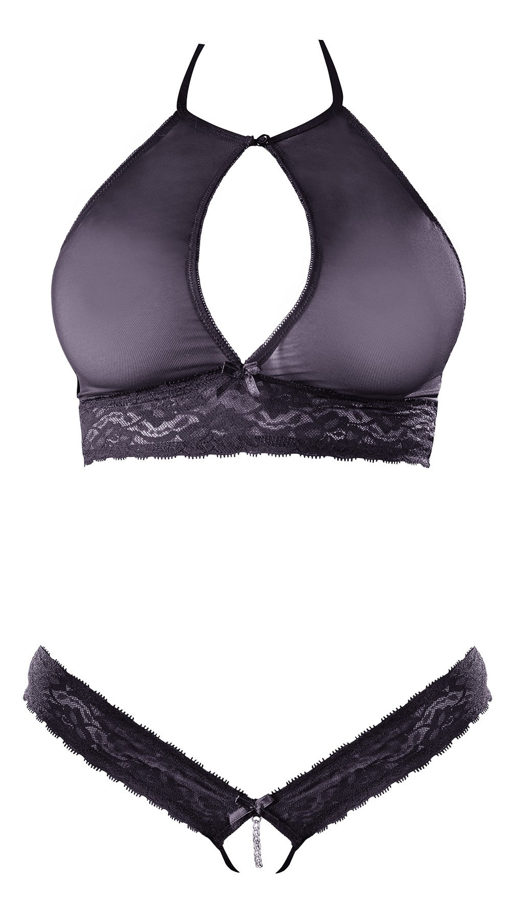 Soutien-gorge bandeau, en dentelle et résille noire et string ouvert