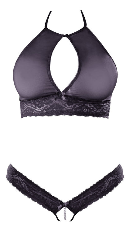 Soutien-gorge bandeau, en dentelle et résille noire et string ouvert