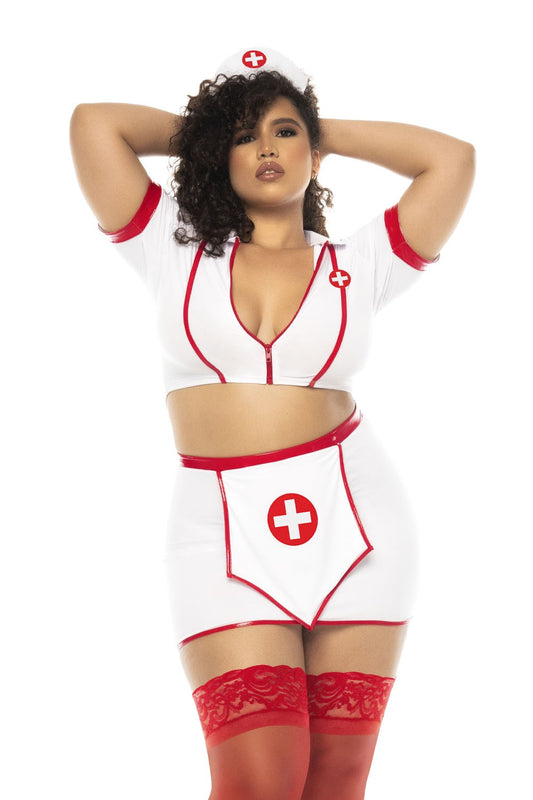 Costume infirmière 3 pièces grande taille, top avec zip fonctionnel, jupe et serre tête