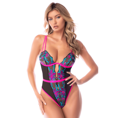 Body bleu et rose en maille transparente brodée avec sequins – Mapalé