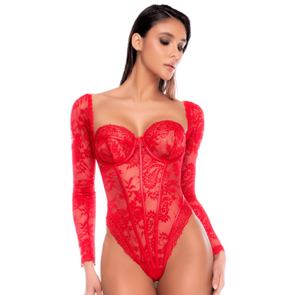 Body rouge à manches longues en dentelle avec armatures - Mapalé