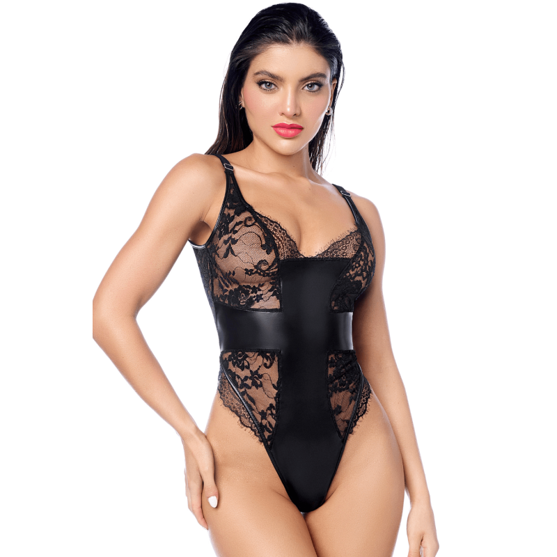 Body sexy noir dentelle & similicuir
