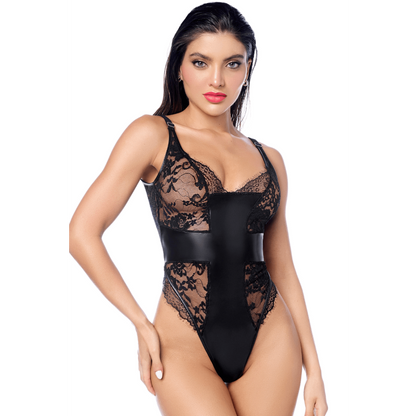 Body sexy noir dentelle & similicuir