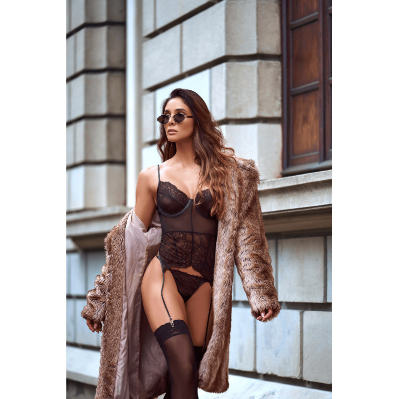 Ensemble 2 Pièces Bustier Dentelle & Résille Noir avec Jarretelles — Mapalé