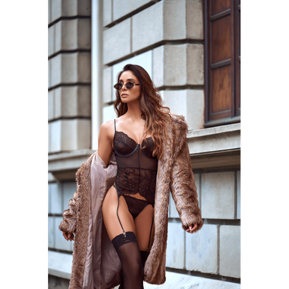 Ensemble 2 Pièces Bustier Dentelle & Résille Noir avec Jarretelles — Mapalé
