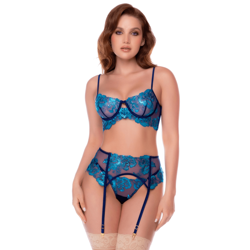 Ensemble Lingerie 3 Pièces Broderies Florales & Porte-Jarretelles — Mapalé