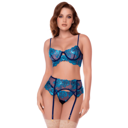 Ensemble Lingerie 3 Pièces Broderies Florales & Porte-Jarretelles — Mapalé