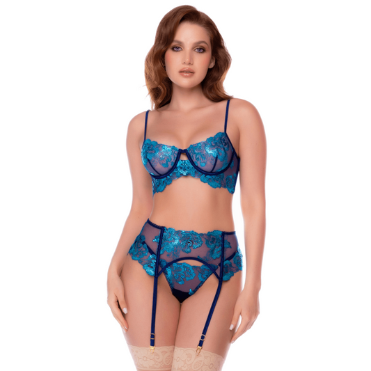 Ensemble Lingerie 3 Pièces Broderies Florales & Porte-Jarretelles — Mapalé