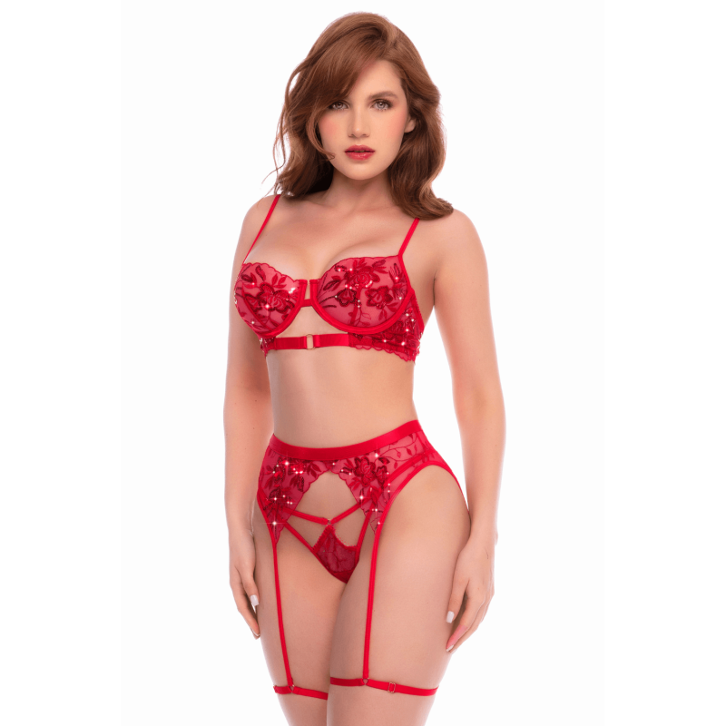 Ensemble Lingerie 3 Pièces Broderies Florales & Sequins Rouge Écarlate — Mapalé