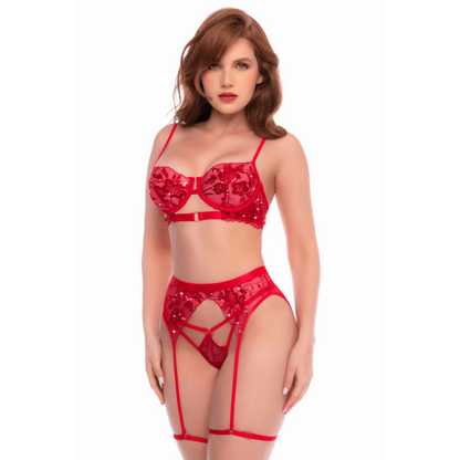 Ensemble Lingerie 3 Pièces Broderies Florales & Sequins Rouge Écarlate — Mapalé